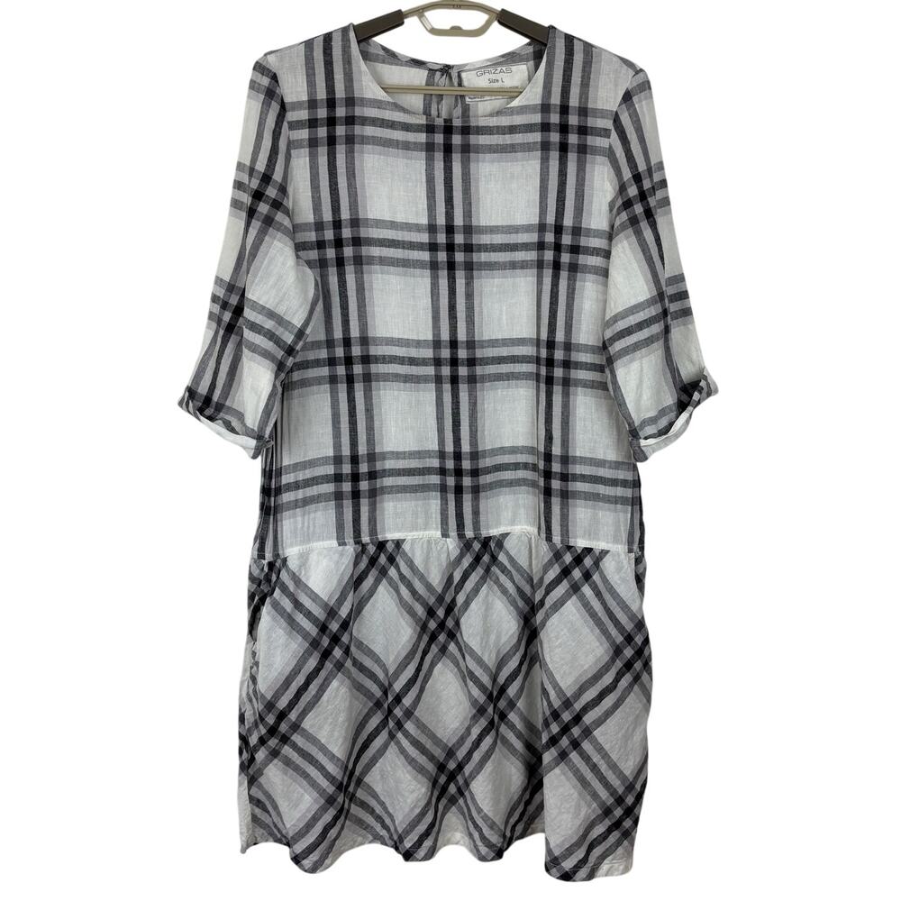 Grizas Washed 100% Linen White Gray Plaid Tunic Dress Large Pockets